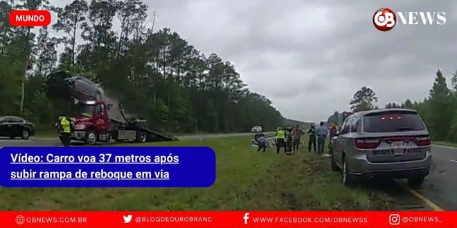 Carro voa 37 metros após subir rampa de reboque