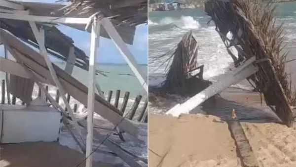 Avanço do mar destrói barracas na orla de Barra de Maxaranguape, RN