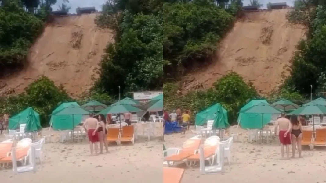 Deslizamento de terra atinge barracas na praia do Madeiro, em Tibau do Sul